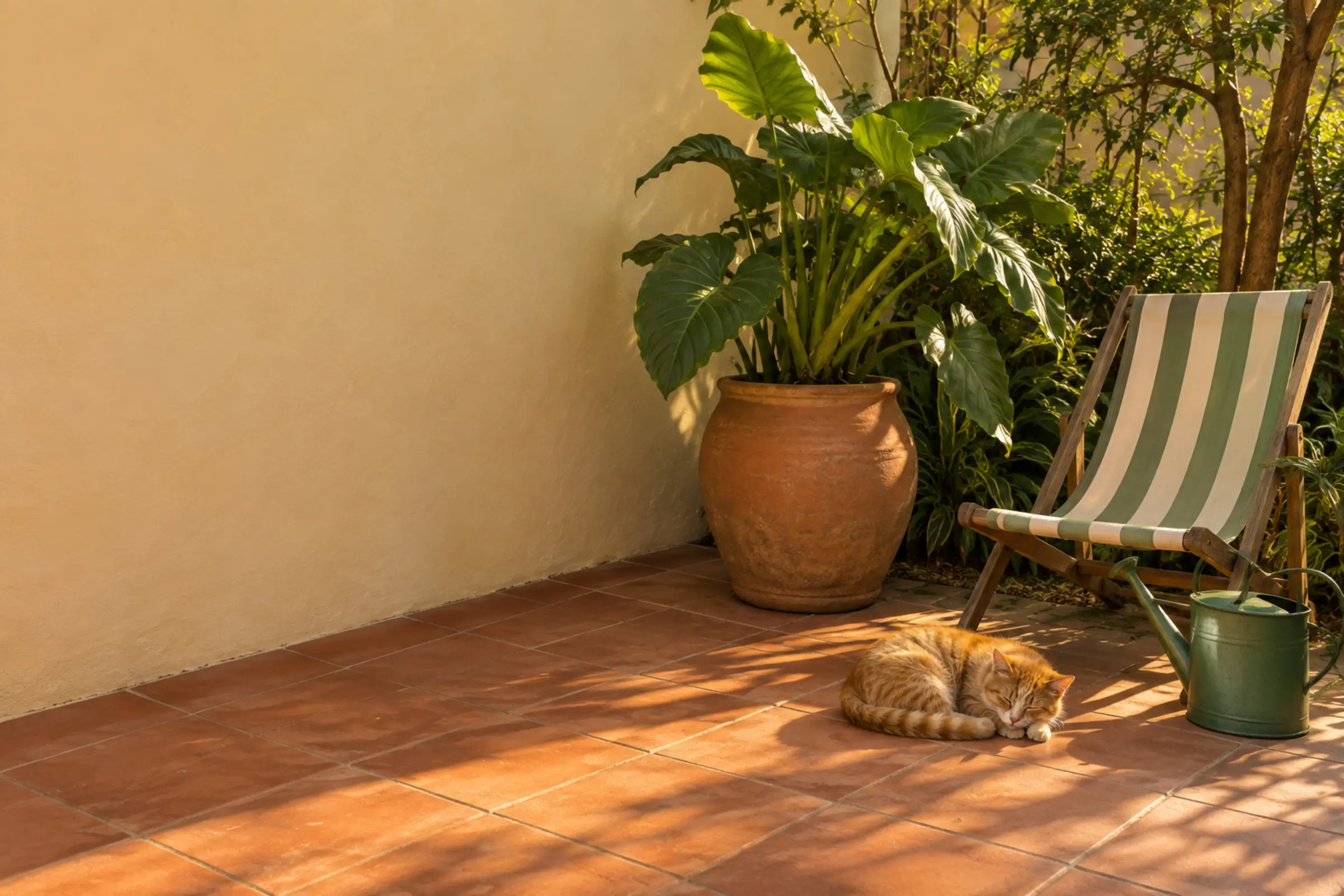 Canto de quintal no fim da tarde: muro caiado, vaso de barro com planta grande, cadeira de lona listrada, regador verde e um gato laranja dormindo no sol.